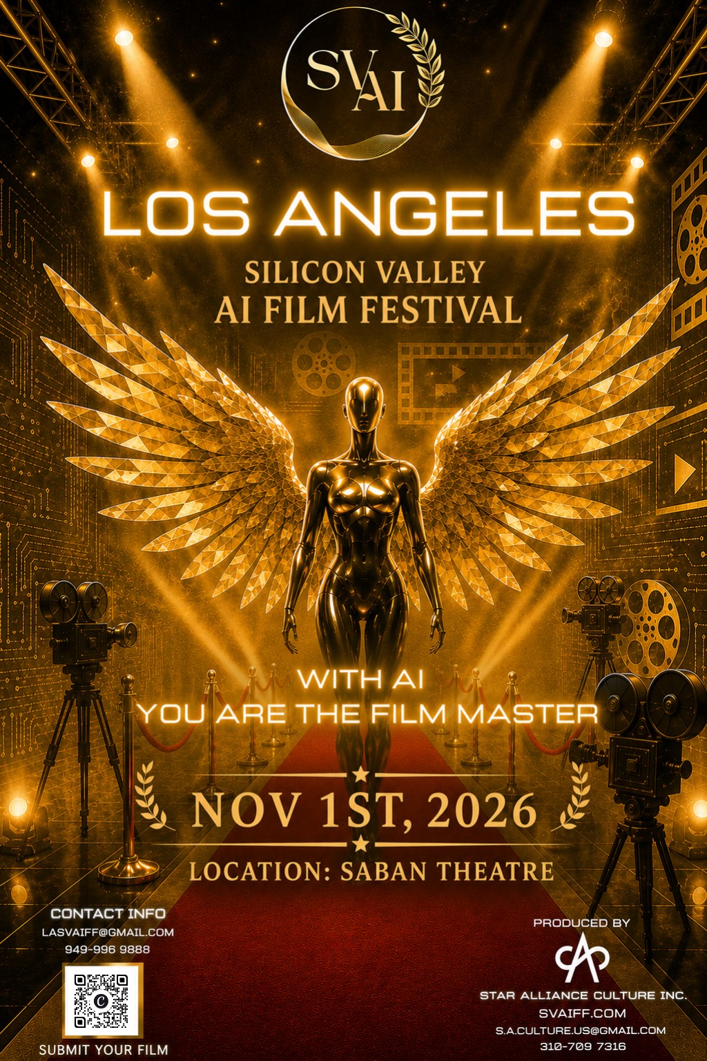 SVAIFF Shenzhen official poster — Silicon Valley AI Film Festival, Shenzhen. With AI you are the film master. November 1st, 2026 at the Saban Theatre. Contact lasvaiff@gmail.com, 949-996-9888. Produced by Star Alliance Culture Inc.